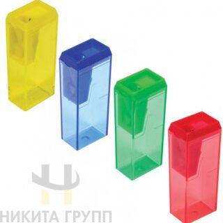 Точилка ПИФАГОР, с контейнером, прямоугольная, пластиковая, тонированный корпус, ассорти