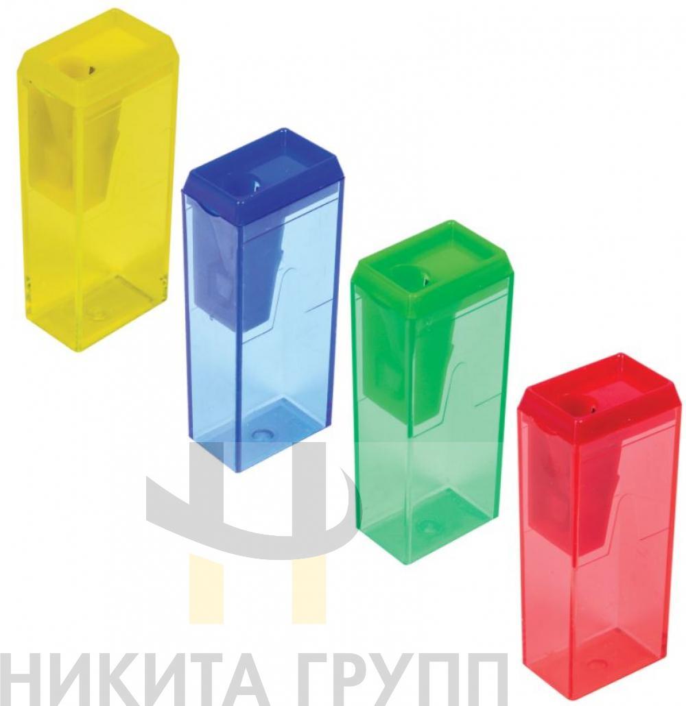 Точилка ПИФАГОР, с контейнером, прямоугольная, пластиковая, тонированный корпус, ассорти