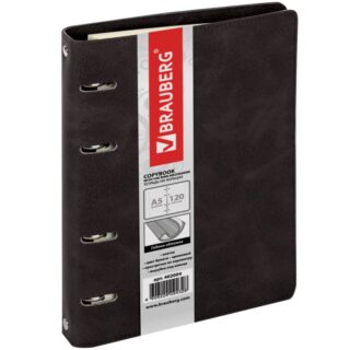 Тетрадь на кольцах А5 (180х220 мм), 120 л., под кожу, BRAUBERG "Main", клетка, черный