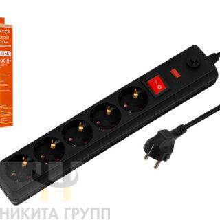 Фильтр сетевой 3 м, 5 роз., 2,2кВт, с/з, выкл, ПВС 3х0,75, черный Юпитер