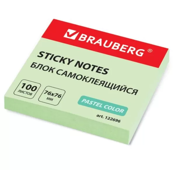 Блок самоклеящийся (стикеры) BRAUBERG, ПАСТЕЛЬНЫЙ, 76х76 мм, 100 листов, зеленый