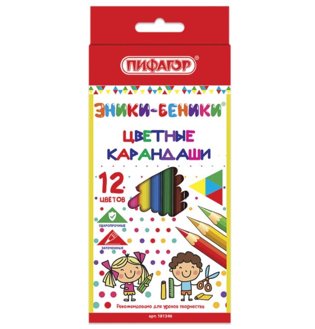 Карандаши цветные ПИФАГОР "ЭНИКИ-БЕНИКИ", 12 цветов, классические заточенные