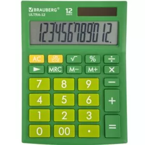Калькулятор настольный BRAUBERG ULTRA-12-GN (192x143 мм), 12 разрядов, двойное питание, ЗЕЛЕНЫЙ