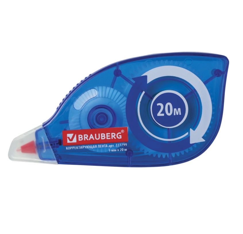 Корректирующая лента BRAUBERG 5 мм х 20 м, корпус синий, механизм перемотки, блистер