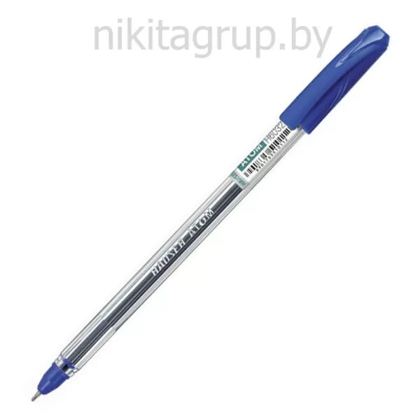 Шариковая ручка Atom, корпус - прозрачный пластик, элементы дизайна - пластик под цвет чернил, цвет чернил - синий, толщина стержня - 0,7мм