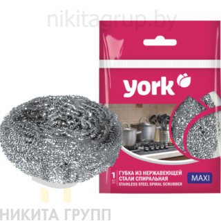 Губка (мочалка) XL, 8х8х4 см, для посуды металлическая, СРЕДНЯЯ, спиральная, 27 г, нержавеющая сталь, YORK