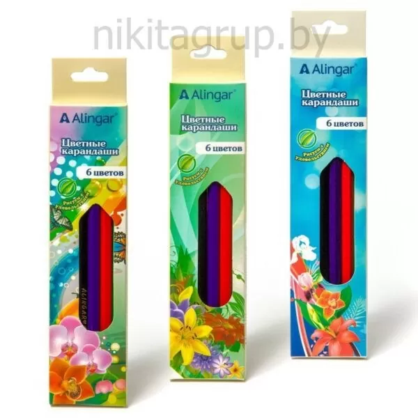 Карандаши цветные Alingar 6цв "Цветы" деревян. трехгранные