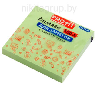 Бумага для заметок с клеевым краем ЗЕЛЕНАЯ 75х75 мм, 100лТМ"Profit"
