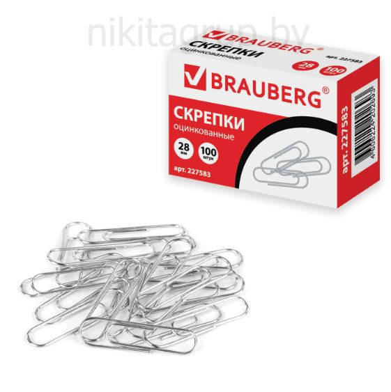 Скрепки BRAUBERG, 28 мм, оцинкованные, 100 шт., в картонной коробке