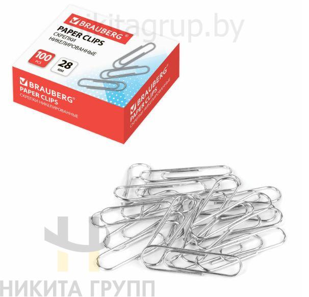 Скрепки BRAUBERG, 28 мм, никелированные, 100 шт., в картонной коробке