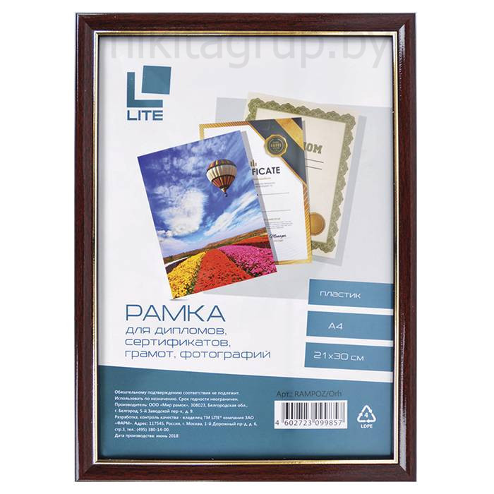 Фоторамка А4 LITE 21х30 см рамка пластик темный орех с позолотой, вставка стекло